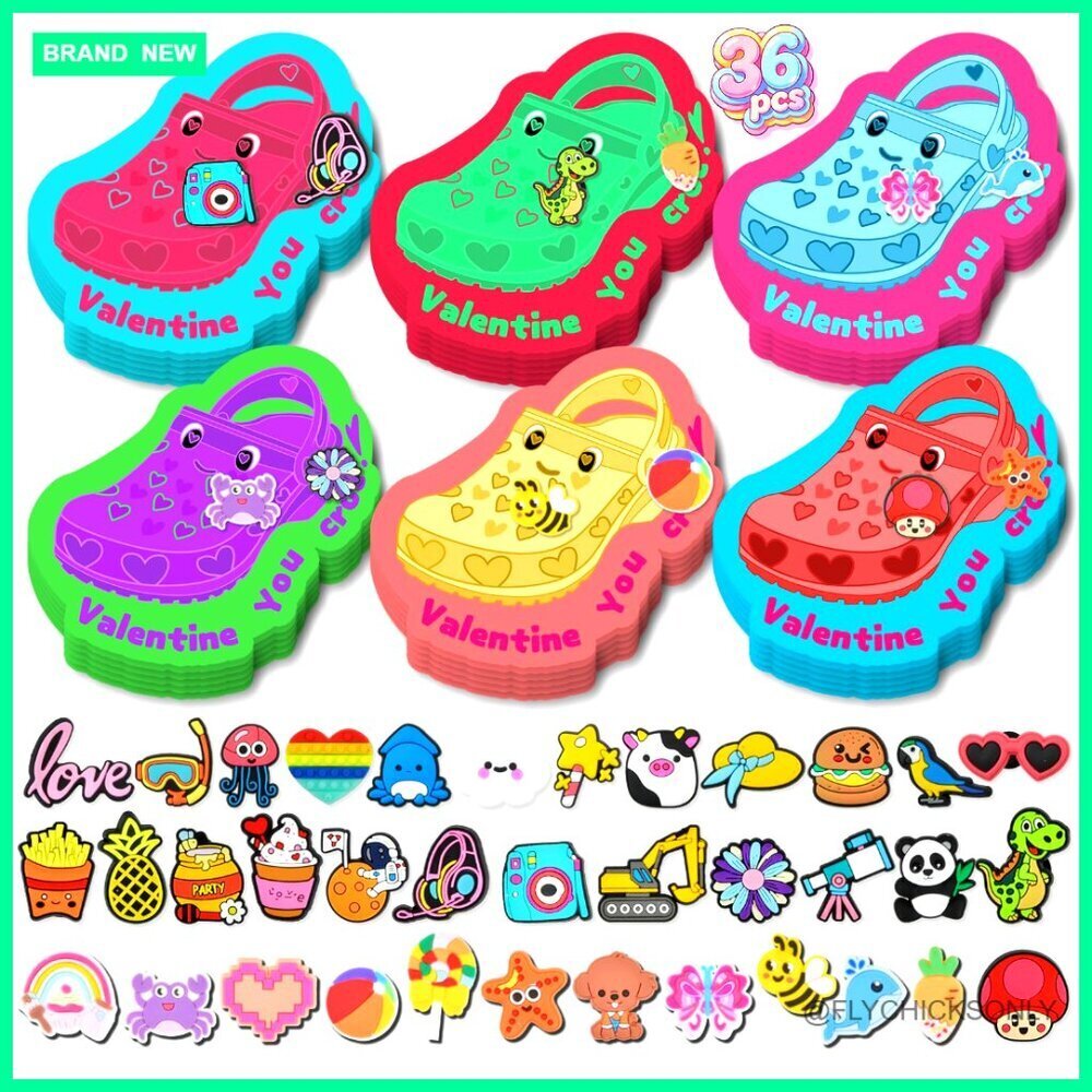 36 Valentine Cards with Shoe Charms for Kids Classroom Exchange Set
